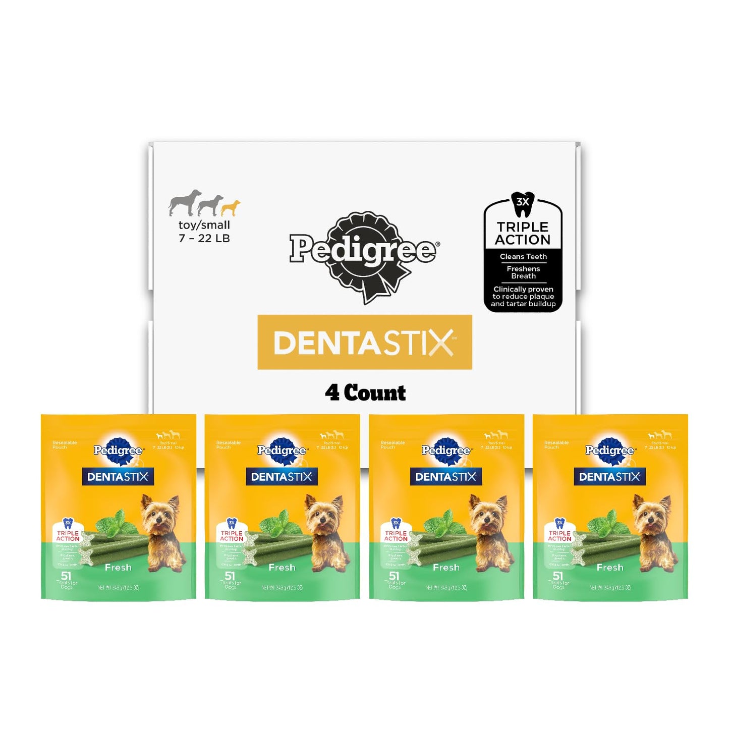 HOTPedigree Dentastix Small & Toy Breed Dog Dental Treats, Fresh, 102 Count | Triple action dental care, reduces tartar, cleans teeth, freshens breath, for dogs 7-22 lbs, no added sugar/fillers