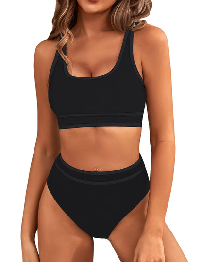 HOTBMJL Women's High Waisted Bikini Sets Sporty Two Piece Swimsuits Color Block Tummy Control Modest Bathing Suit