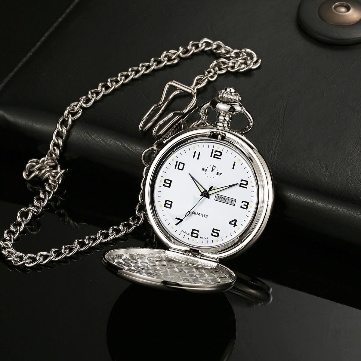 HOTBOSHIYA Smooth Quartz Pocket Watches for Men Classic Arabic Digital Luminous Dial & Day Date Pocket Watch with Chain Christmas Graduation Birthday Gifts