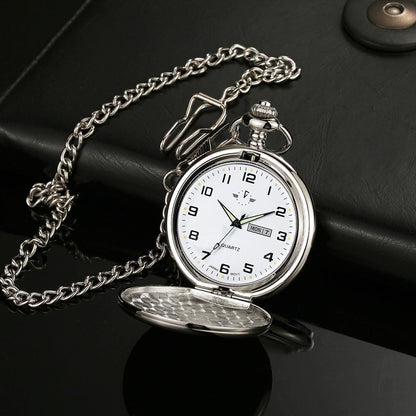 HOTBOSHIYA Smooth Quartz Pocket Watches for Men Classic Arabic Digital Luminous Dial & Day Date Pocket Watch with Chain Christmas Graduation Birthday Gifts