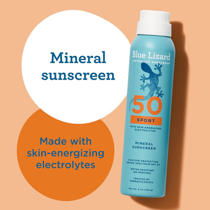 HOTBLUE LIZARD Sport Mineral Sunscreen Spray SPF 50+, Dermatologist-Recommended Brand, Broad-Spectrum UVA/UVB Protection, Water-Resistant, Zinc Oxide Formula, Vegan, 5 fl oz
