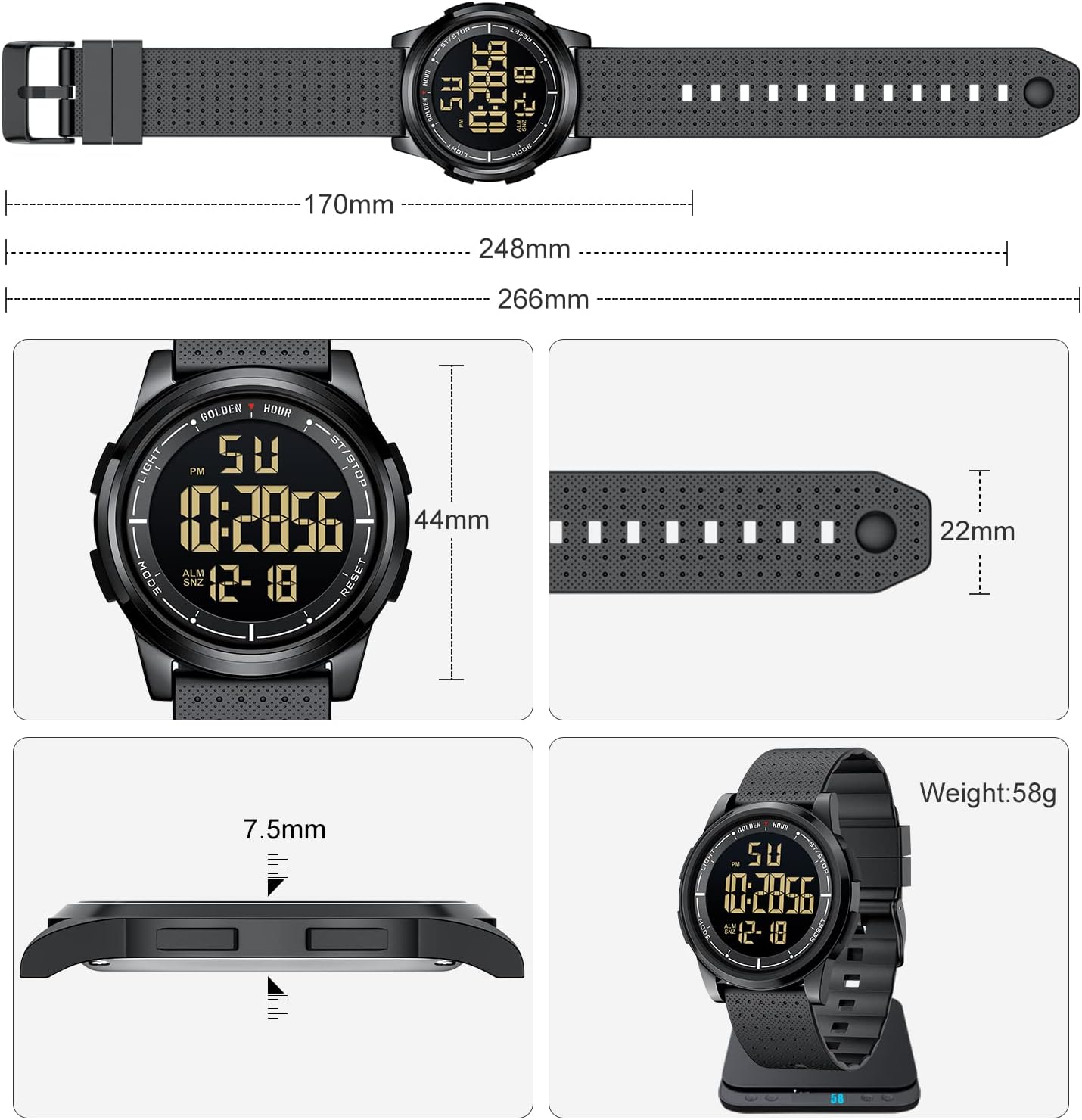 HOTGOLDEN HOUR Ultra-Thin Minimalist Sports Waterproof Digital Watches Men with Wide-Angle Display Rubber Strap Wrist Watch for Men Women