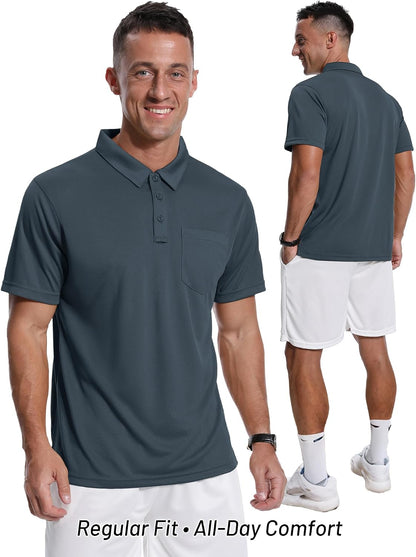 HOTZITY Men's 3 Pack Polo Shirts Short Sleeve with Pocket Moisture Wicking Casual Work Golf Lightweight Collared T-Shirts