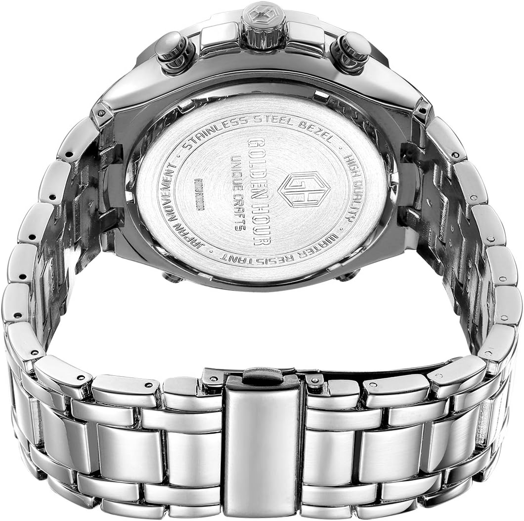 HOTGOLDEN HOUR Luxury Stainless Steel Analog Digital Watches for Men Male Outdoor Sport Waterproof Big Heavy Wristwatch