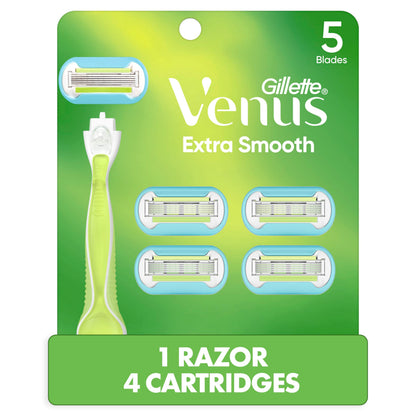 HOTGillette Venus Razor for Women, Extra Smooth, Includes 1 Reusable Razor Handle + 4 count 5-Bladed Razor Refills, Women's Razor with Durable Metal Handle and Shower Holder