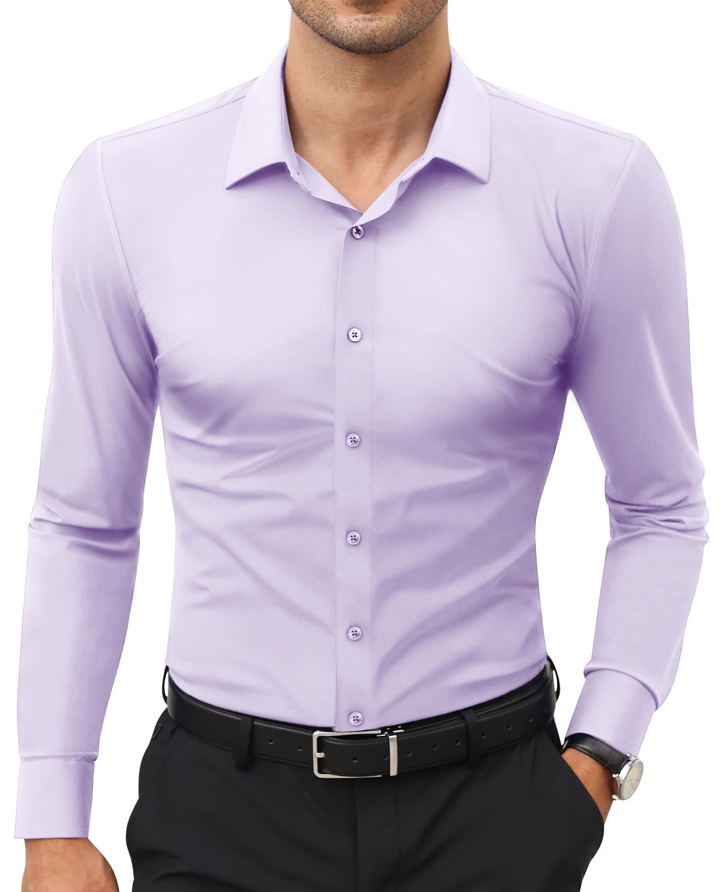 HOTLion Nardo Stretch Mens Dress Shirts Long Sleeve Slim Fit Dress Shirts for Men Muscle Fit Wrinkle Free Button Down Shirt