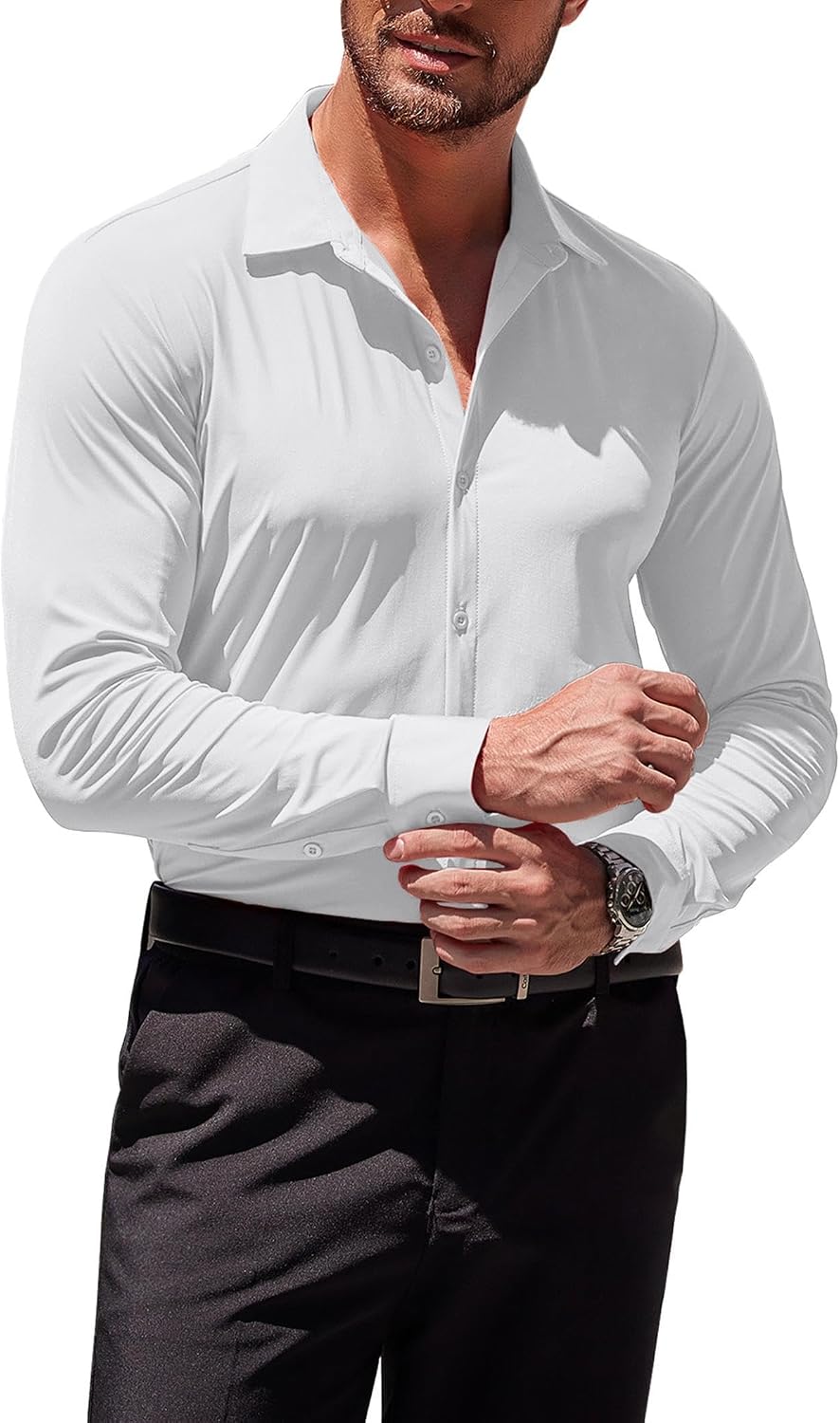 HOTCOOFANDY Men's Muscle Fit Dress Shirts Wrinkle-Free Long Sleeve Casual Button Down Shirts