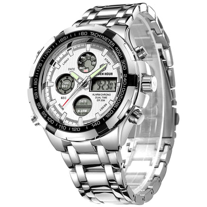 HOTGOLDEN HOUR Luxury Stainless Steel Analog Digital Watches for Men Male Outdoor Sport Waterproof Big Heavy Wristwatch