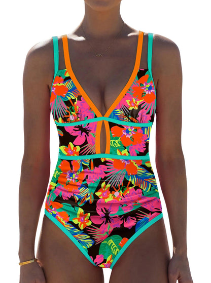 HOTpopvil Women One Piece Swimsuit 2026 Neon Tummy Control Bathing Suit | Tummy Ruched Design, Color Block, Cutout Design, Deep V Neck, Back tie,Adjustable Straps, Neon Trim,Vacation,Beach