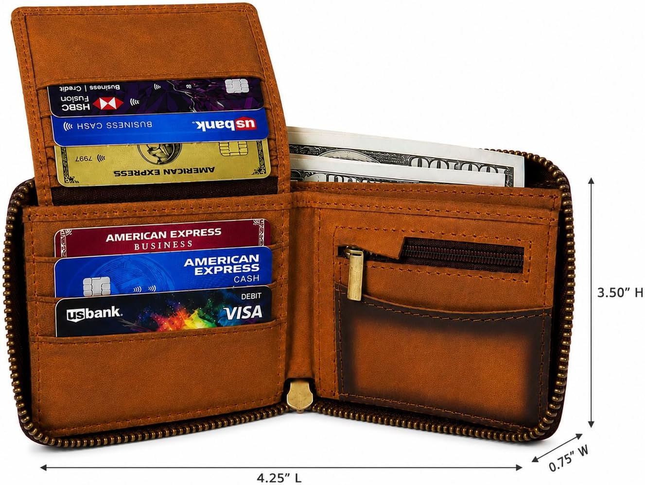 HOTESS Mens Zipper Wallet Handmade Teak Leather Bifold – Credit Card Holder | Zipper Closure with Zip Coin Pocket Compact Minimalist Wallet Multiple Credit Card Slots Size (4.25" x 3.50")