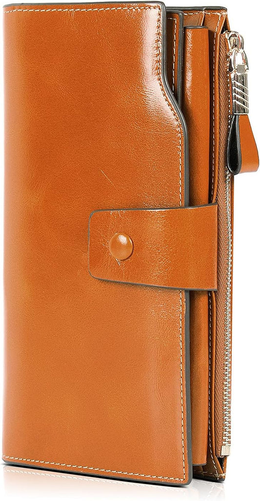 HOTDemon&Hunter Women's RFID Blocking Large Capacity Luxury Wax Genuine Leather Purse Wallet DZA2083 (One Size, Orange)