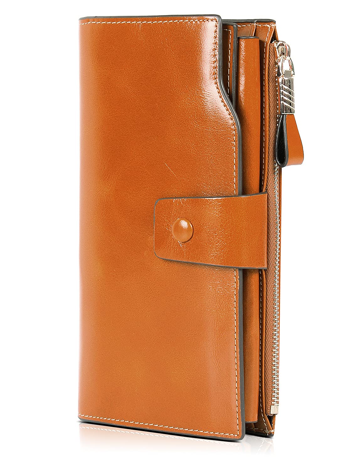 HOTDemon&Hunter Women's RFID Blocking Large Capacity Luxury Wax Genuine Leather Purse Wallet DZA2083 (One Size, Orange)