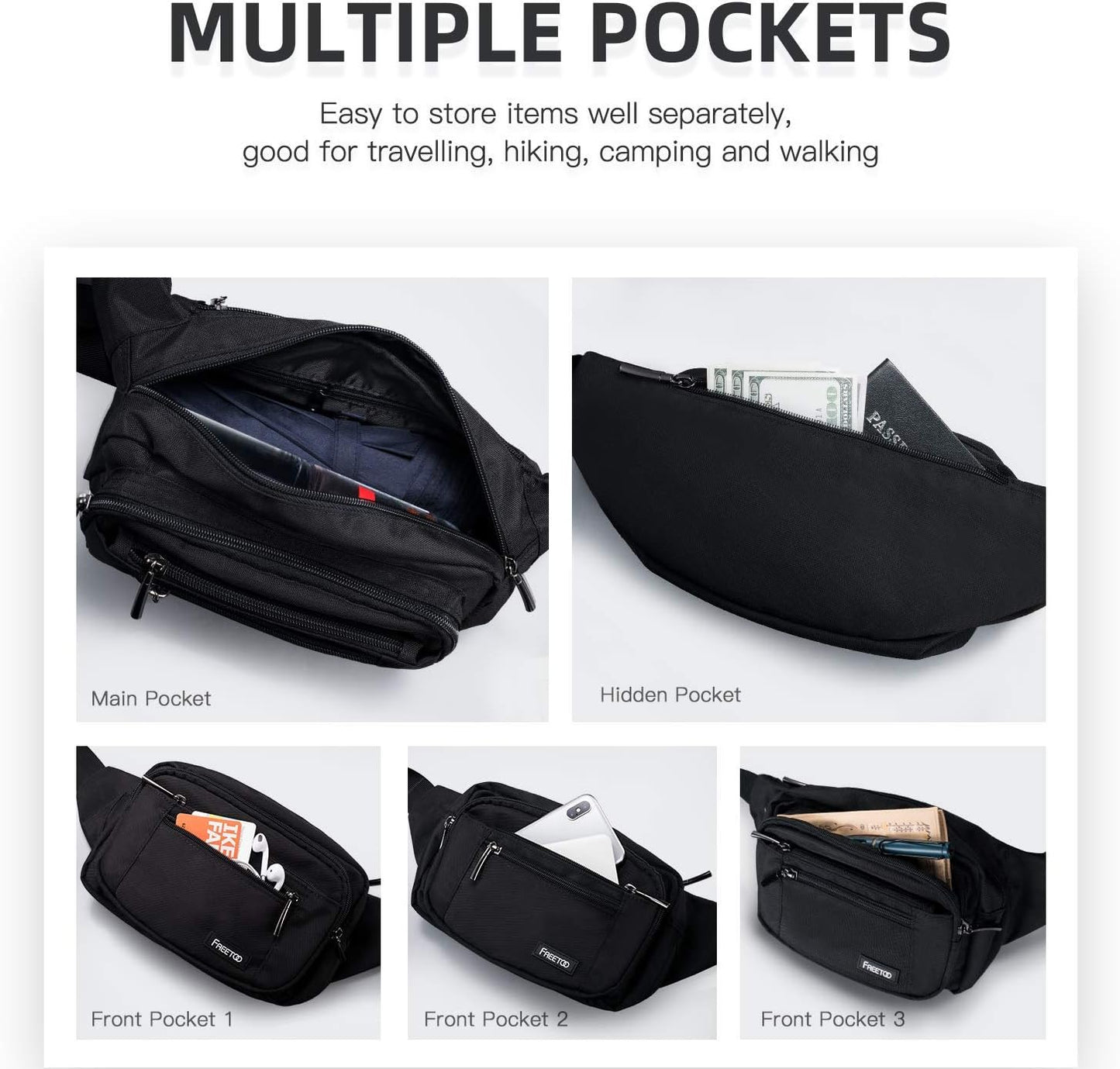 HOTFREETOO Waist Pack Bag Fanny Pack for Men&Women Hip Bum Bag with Adjustable Strap for Outdoors Workout Traveling Casual Running Hiking Cycling