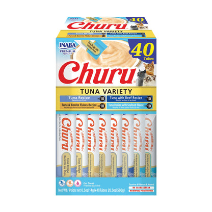 HOTINABA Churu Cat Treats, Lickable, Squeezable Creamy Purée Cat Treat with Green Tea Extract & Taurine, 0.5 Ounces Each Tube, 20 Tubes, Tuna & Seafood Variety Box