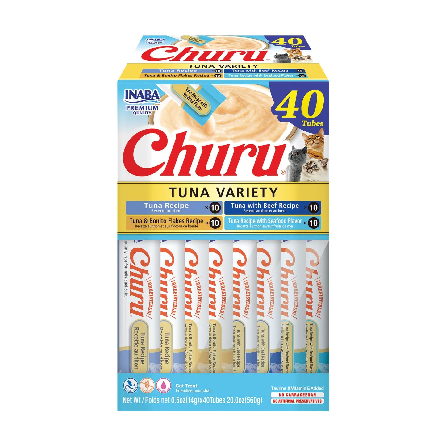 HOTINABA Churu Cat Treats, Lickable, Squeezable Creamy Purée Cat Treat with Green Tea Extract & Taurine, 0.5 Ounces Each Tube, 20 Tubes, Tuna Variety Box