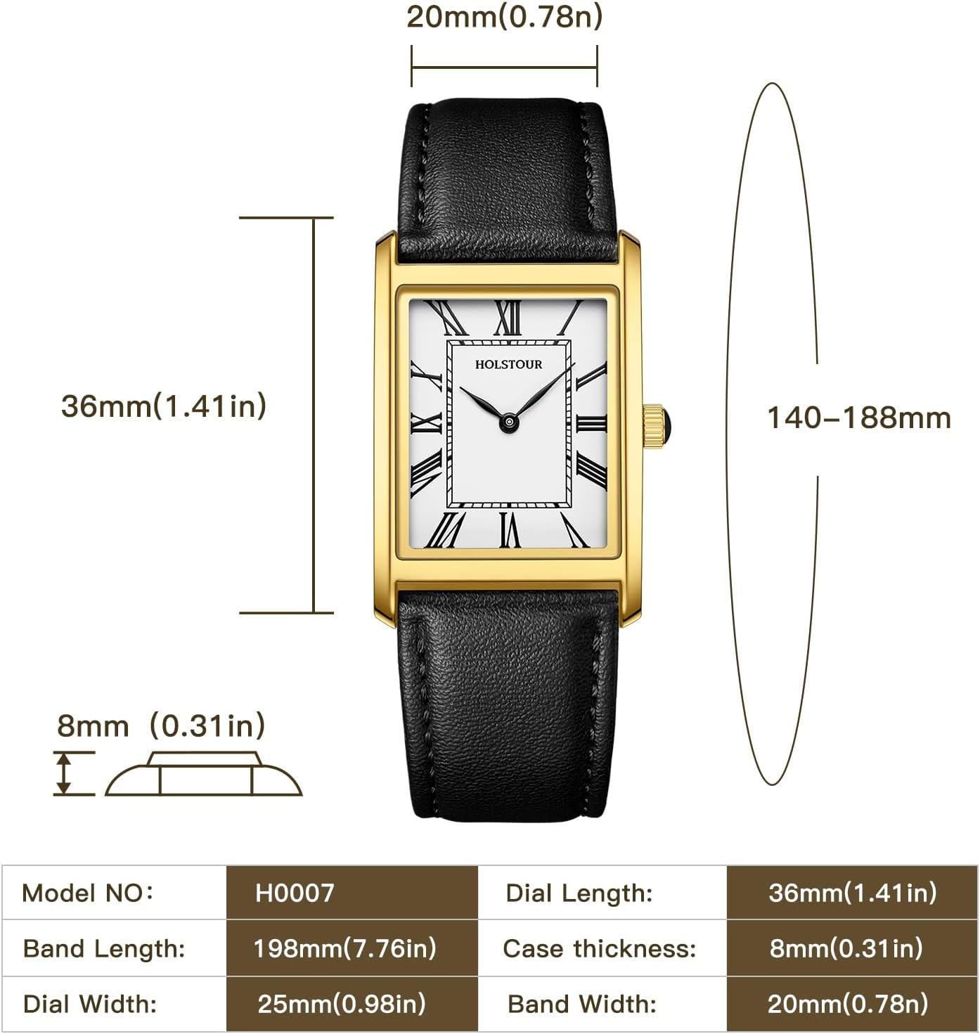 HOTHOLSTOUR Watches for Men Business Simple Model Rectangle Roman Numerals Case Water Resistant with Leather Strap