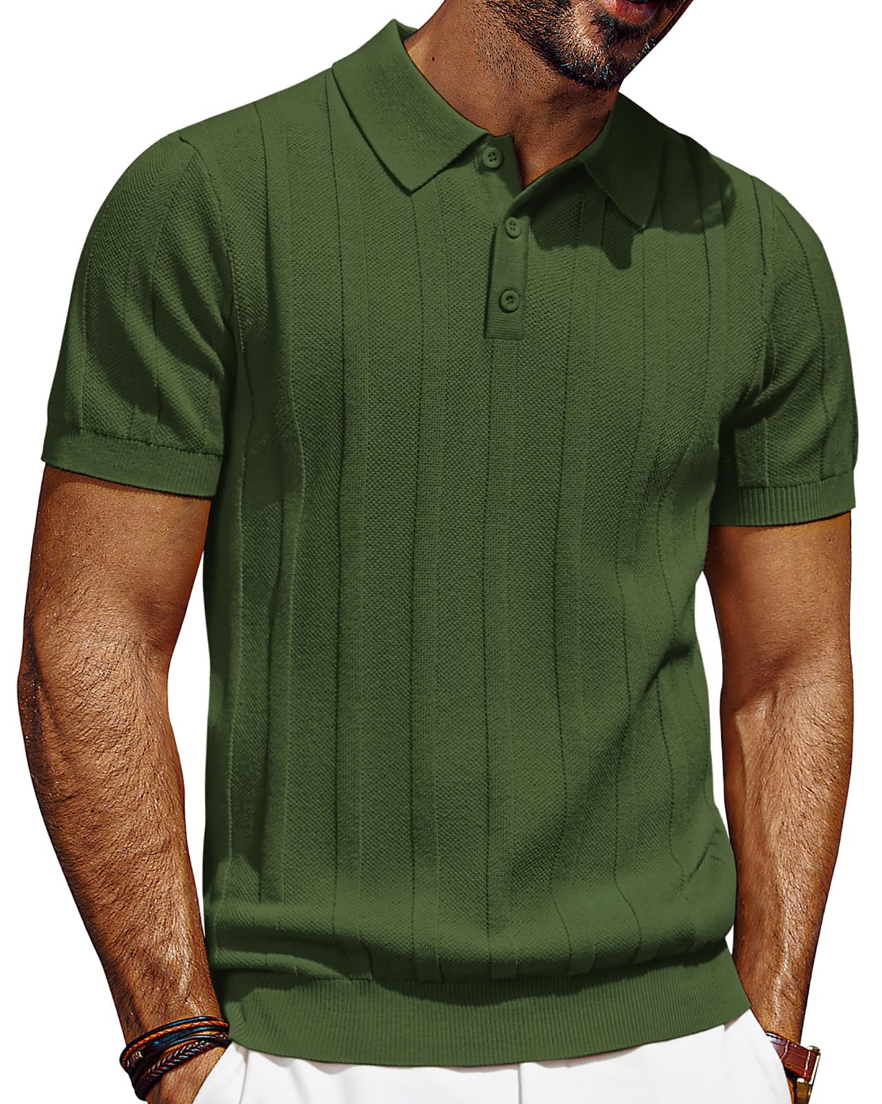 HOTPJ PAUL JONES Mens Polo Shirts Short Sleeve Textured Knit Polo Shirt Ribbed Casual Golf Shirts