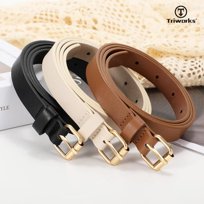 HOTTRIWORKS 3 Pack Women Skinny Leather Belt for Jeans Pants Dress Ladies Thin Waist Belt with Gold Buckle