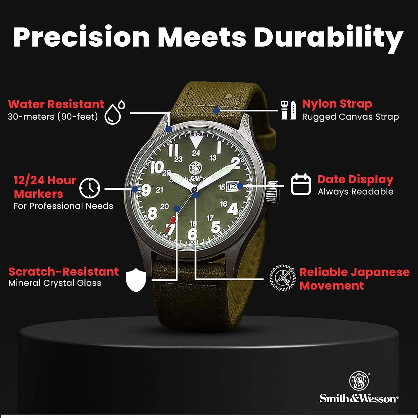 HOTSmith & Wesson Men's Military Watch, 3 Interchangeable Canvas Straps, 3 ATM Water Resistant, Date Display, Scratch Resistant Glass, Military Style Watch for Outdoor Activities, Swimming, 40mm
