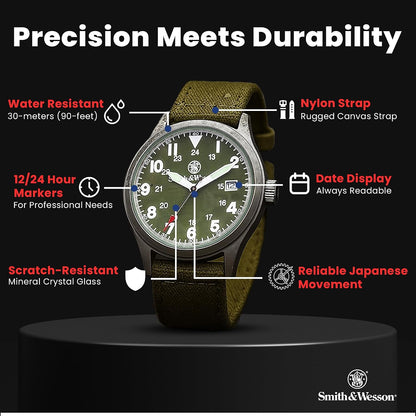 HOTSmith & Wesson Men's Military Watch, 3 Interchangeable Canvas Straps, 3 ATM Water Resistant, Date Display, Scratch Resistant Glass, Military Style Watch for Outdoor Activities, Swimming, 40mm