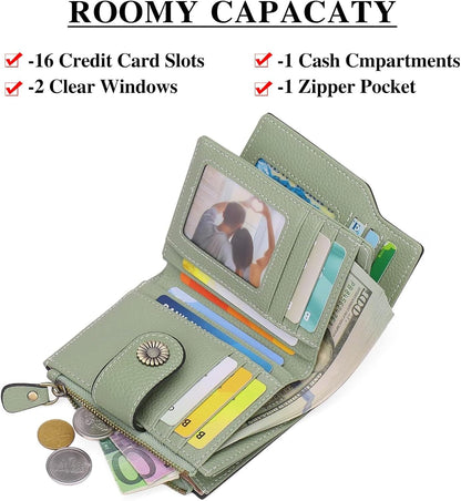 HOTFalan Mule Women's Lightweight Genuine Leather Wallet, Includes Card Holders, RFID-Blocking, Lightweight, Photo & ID Holder, Green