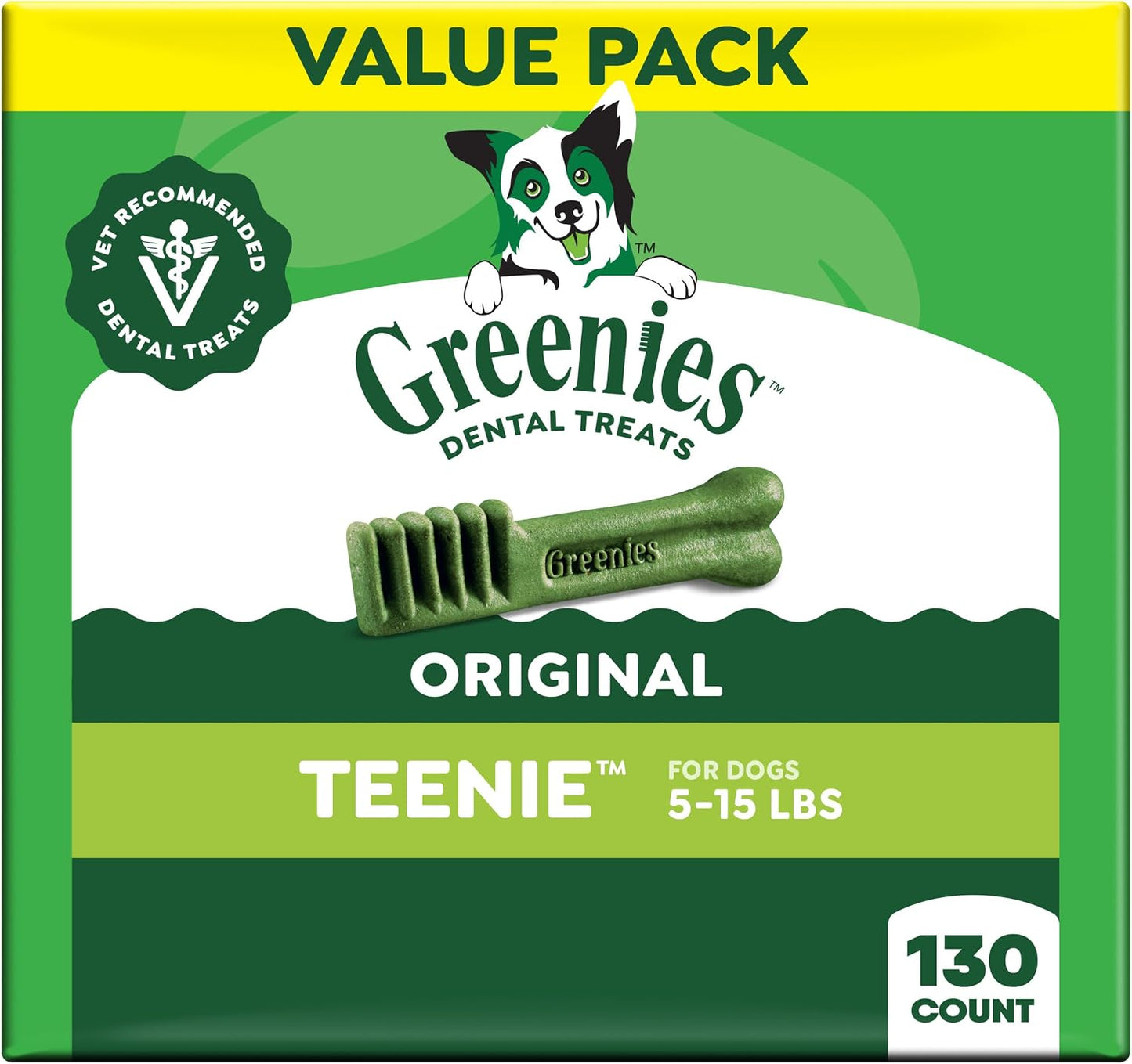 HOTGreenies Teenie Original Natural Dental Dog Treats, Chicken, 130 Count | Clinically-proven, veterinarian-recommended, 47% less tartar & 40% less plaque in 28 days, for dogs 5-15 lbs, 36 oz. Pack