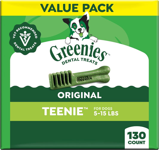 HOTGreenies Teenie Original Natural Dental Dog Treats, Chicken, 130 Count | Clinically-proven, veterinarian-recommended, 47% less tartar & 40% less plaque in 28 days, for dogs 5-15 lbs, 36 oz. Pack