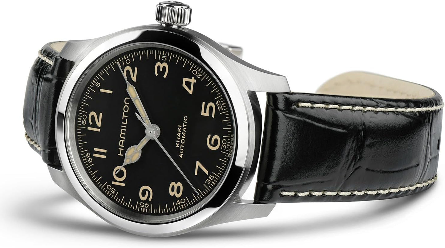 HOTHamilton Khaki Field Murph Automatic Men's Watch, 38mm Stainless Steel Case, Swiss Made, Black Dial Analog Wrist Watch for Men, 100m Waterproof, Sapphire Crystal, 3-Hand Movement, Cow Leather Strap