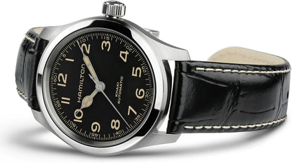 HOTHamilton Khaki Field Murph Automatic Men's Watch, 38mm Stainless Steel Case, Swiss Made, Black Dial Analog Wrist Watch for Men, 100m Waterproof, Sapphire Crystal, 3-Hand Movement, Cow Leather Strap