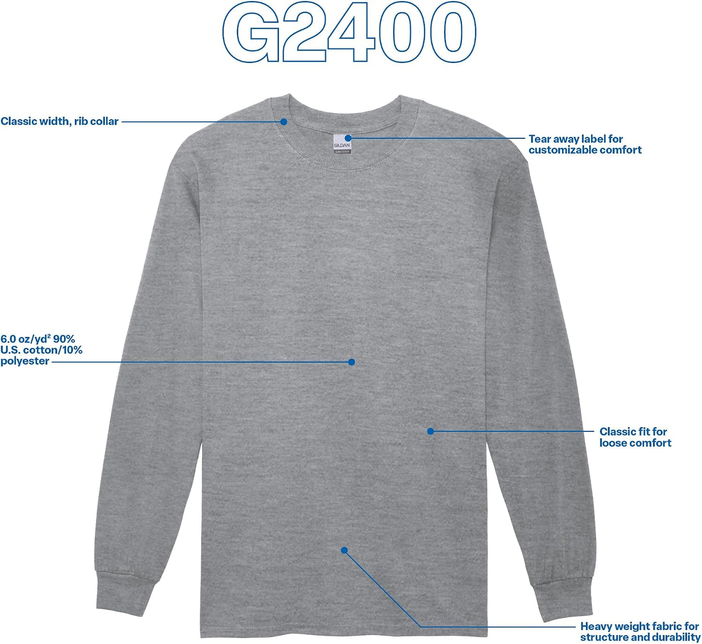 HOTGildan Adult Ultra Cotton Long Sleeve T-Shirt, Style G2400, Multipack