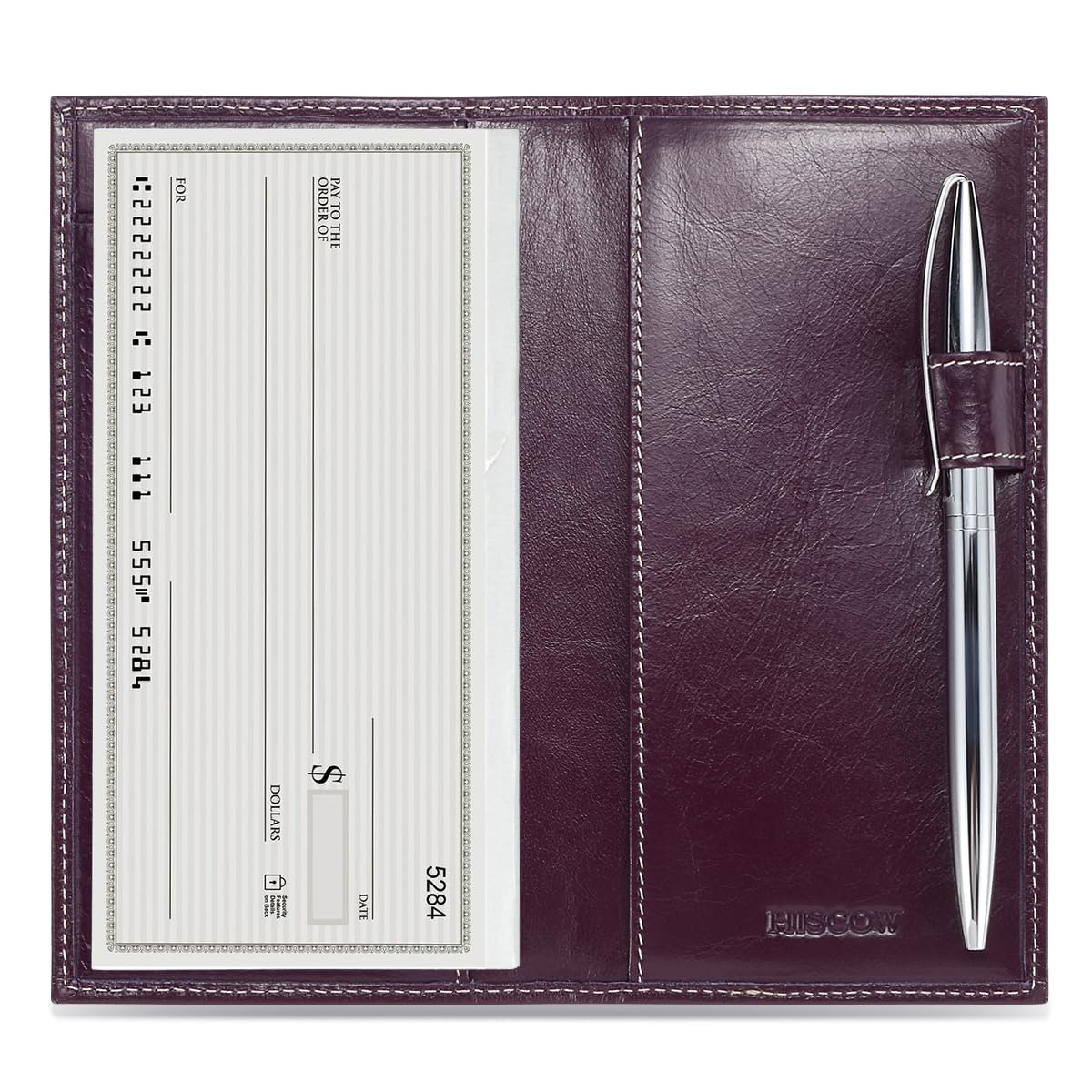 HOTHISCOW Leather Checkbook Cover for Duplicate Checks with Pen Holder | Full grain cowhide, personal check book & register pockets, removable vinyl divider, durable stitching, gifts for women men