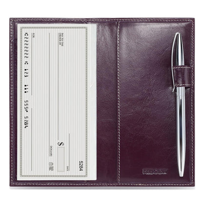 HOTHISCOW Leather Checkbook Cover for Duplicate Checks with Pen Holder | Full grain cowhide, personal check book & register pockets, removable vinyl divider, durable stitching, gifts for women men