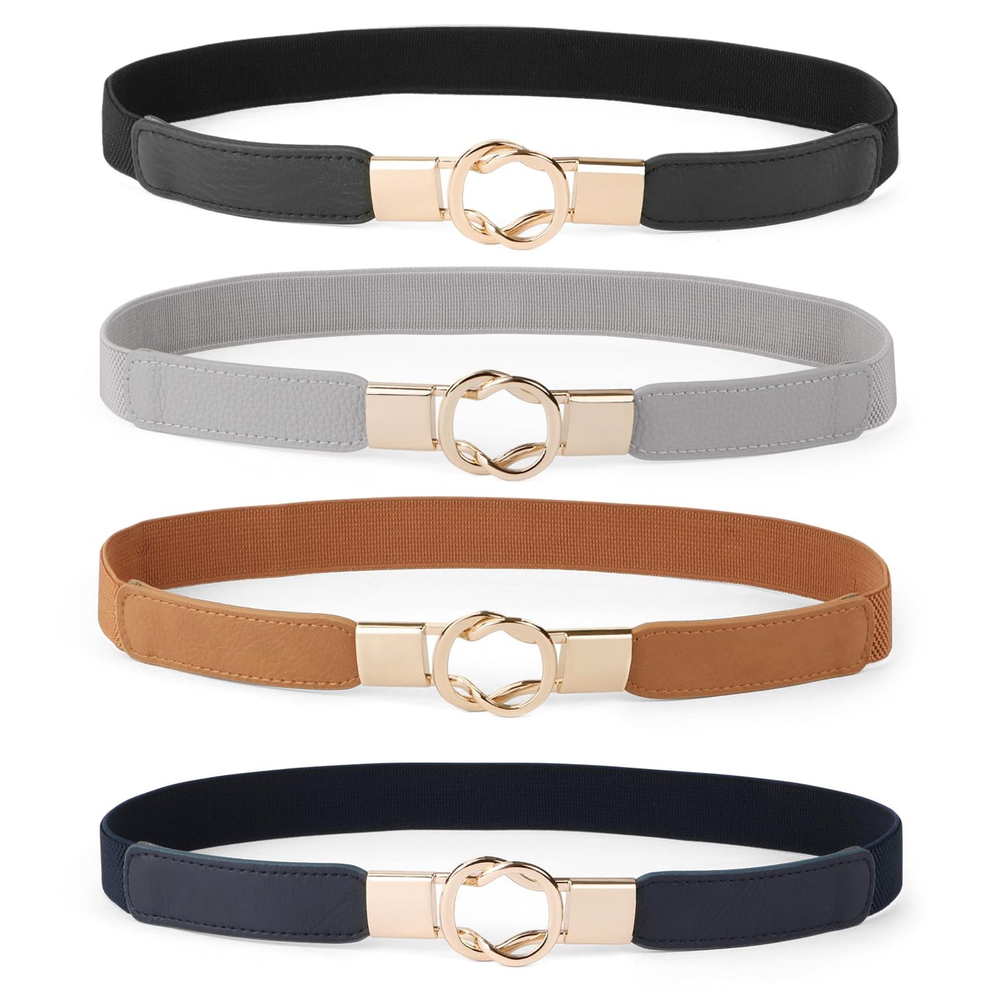 HOTWERFORU Women Skinny Belt for Dresses Retro Stretch Waist Belt with Gold Buckle Set of 4