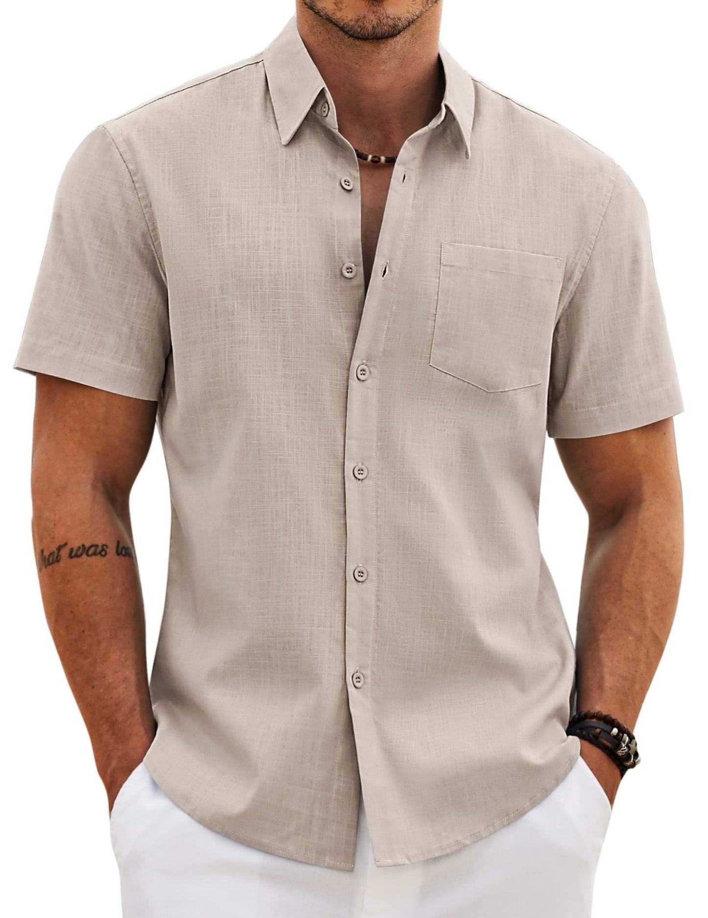 HOTCOOFANDY Men's Button Down Short Sleeve Shirt Casual Cotton Summer Beach Wedding Linen Shirts with Pocket