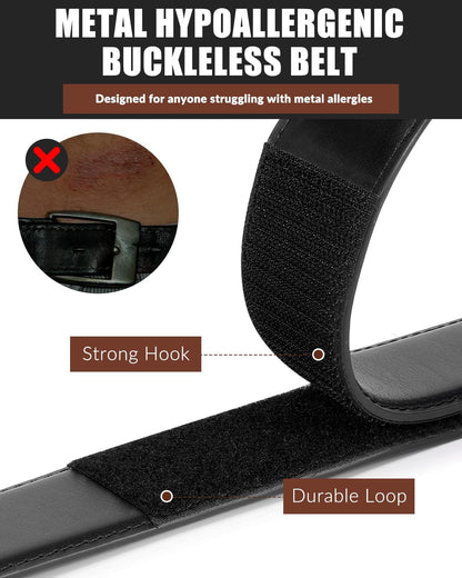 HOTBELTROAD Buckleless Belts Leather No Scratch Belt for Men Mechanic Belt | 1.5" Leather Technician belt Hook and Loop Belt Metal-Free TSA-Approved Men's No Buckle Belts Work Musicians Travel Gifts