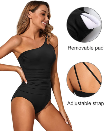 HOTWomen's One Shoulder One Piece Tummy Control Swimsuit Full Coverage | Keyhole Design, Full Coverage Fit, Modest Style, Ruched Waist, Adjustable Shoulder Strap, Removable Soft Cups
