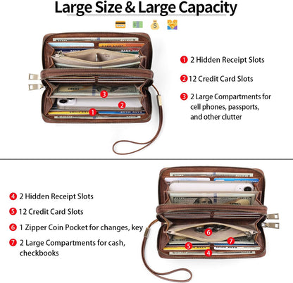 HOTGAEKEAO Wallet for Women Clutch RFID Blocking Wristlet Leather Purse Large Capacity Credit Card Holder with Grip Hand Strap