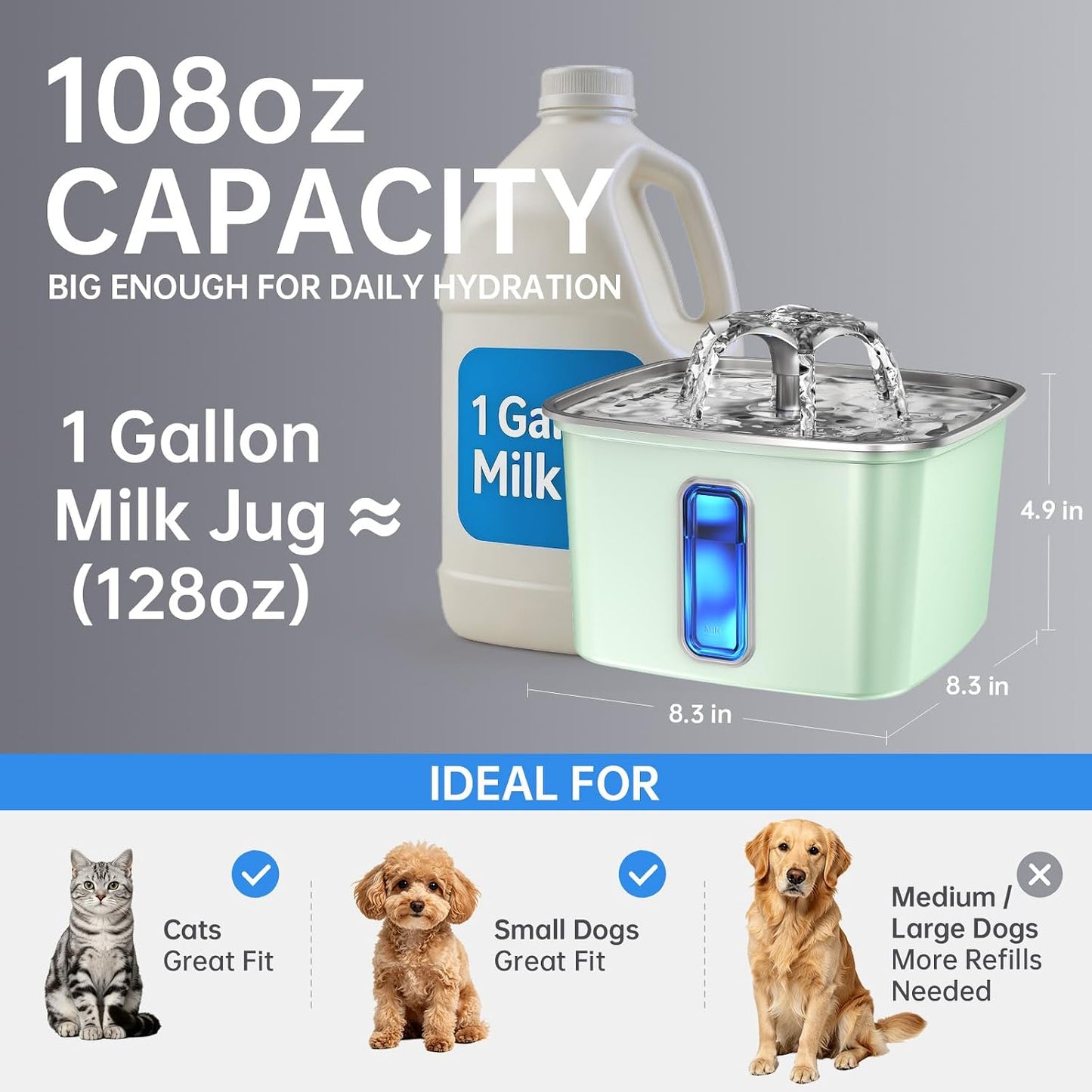HOTVeken Innovation Award Winner Stainless Steel Cat Water Fountain, 108oz/3.2L Automatic Pet Fountain Dog Water Dispenser with Replacement Filters & Silicone Mat for Cats, Dogs (Tea Green)