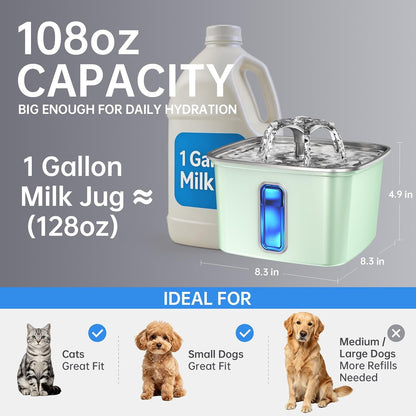 HOTVeken Innovation Award Winner Stainless Steel Cat Water Fountain, 108oz/3.2L Automatic Pet Fountain Dog Water Dispenser with Replacement Filters & Silicone Mat for Cats, Dogs (Tea Green)
