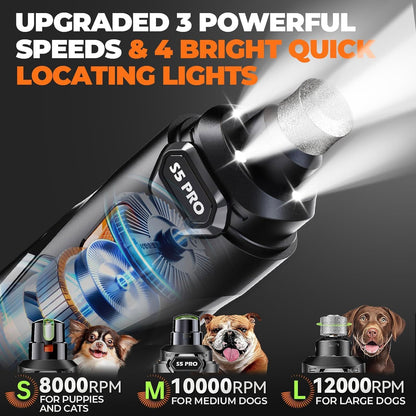 HOTWhisper Quiet Dog Nail Grinder Safe & Stress-Free for Sensitive Dogs Cats | 4 LED Lights,3 Grinding Bits, 3-Speed, Pet Nail Trimmers, Rechargeable Painless Grooming Kit for All Breeds & Sizes