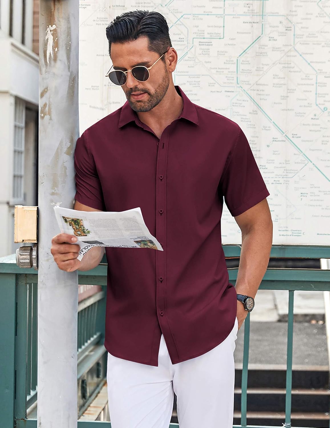 HOTCOOFANDY Men's Button Down Shirt Short Sleeve Dress Shirt Casual Beach Summer Wedding Shirt