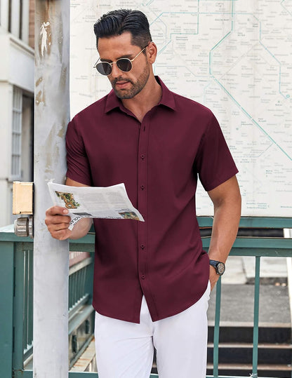 HOTCOOFANDY Men's Button Down Shirt Short Sleeve Dress Shirt Casual Beach Summer Wedding Shirt