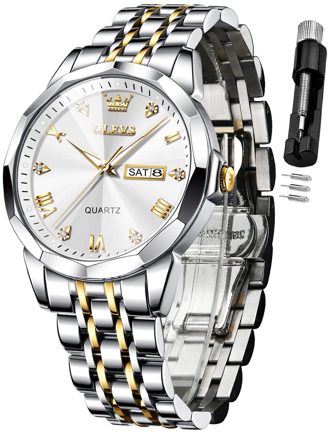 HOTOLEVS Watch for Men Diamond Business Dress Analog Quartz Stainless Steel Waterproof Luminous Date Two Tone Luxury Casual Wrist Watch Blue