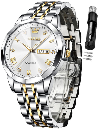 HOTOLEVS Watch for Men Diamond Business Dress Analog Quartz Stainless Steel Waterproof Luminous Date Two Tone Luxury Casual Wrist Watch Blue