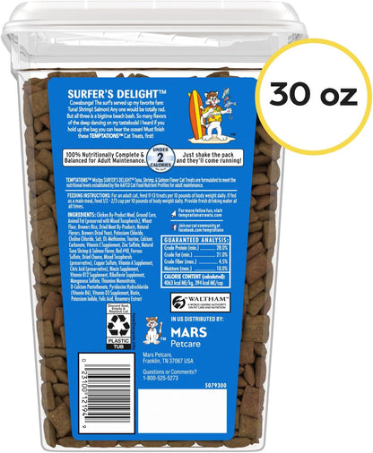 HOTTemptations Cat Treats MixUps Surfer's Delight, Tuna, Shrimp, Salmon Flavor, Crunchy and Soft Cat Treats, 30 oz. Tub