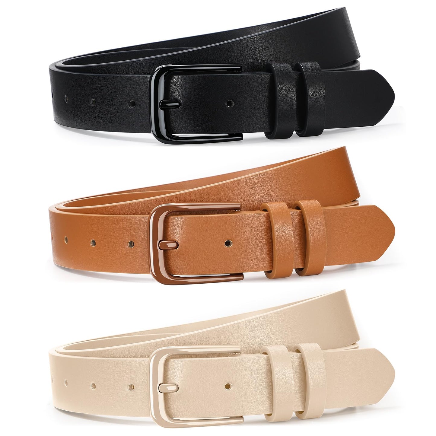 HOTXZQTIVE 3 Pack Women Belts For Jeans Dresses Pants Ladies Leather Waist Belt with Gold Buckle