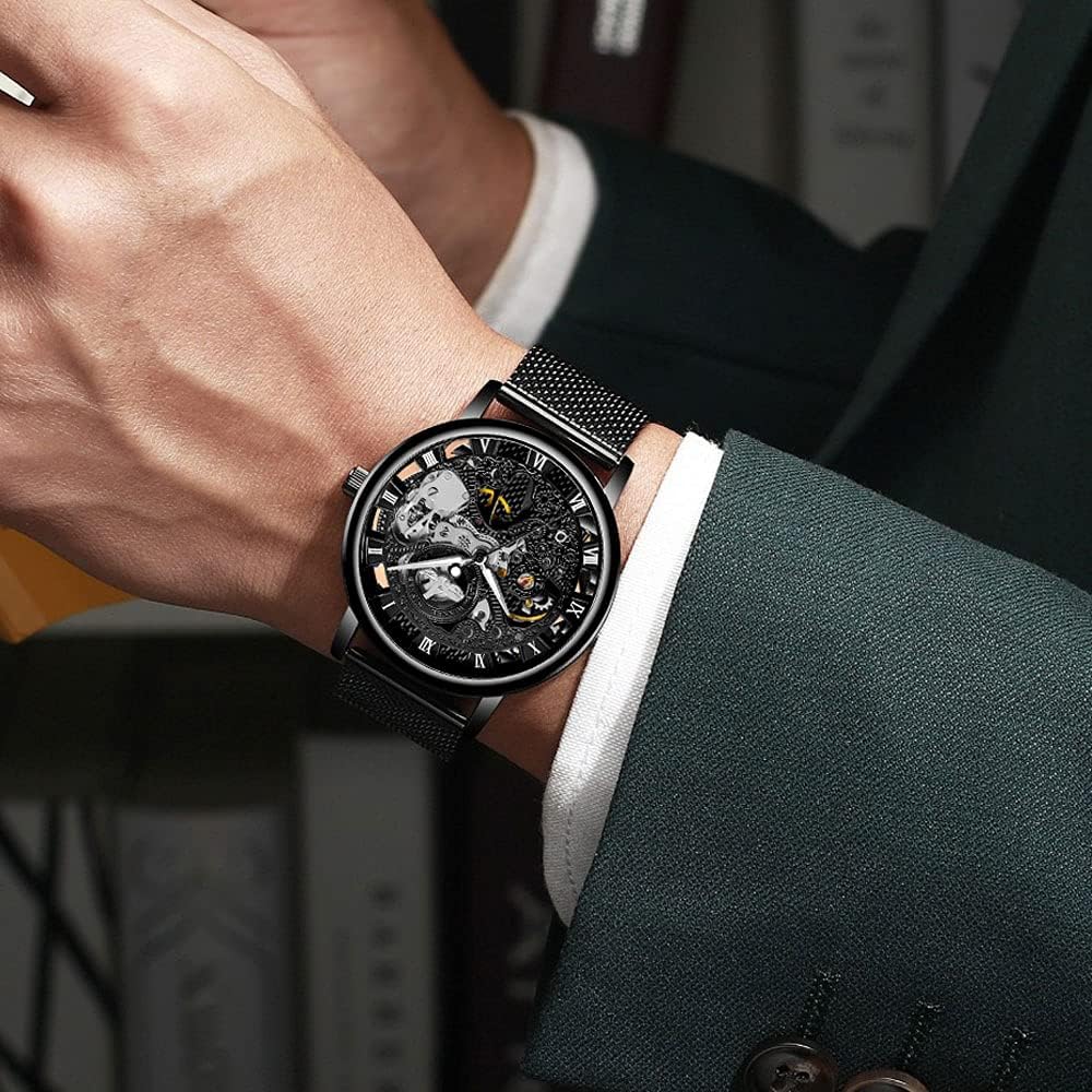 HOTMen's Skeleton Mechanical Roman Numeral Mesh Strap Watch, Hand Winding Mechanical Mesh Luminous Waterproof Watch for Men