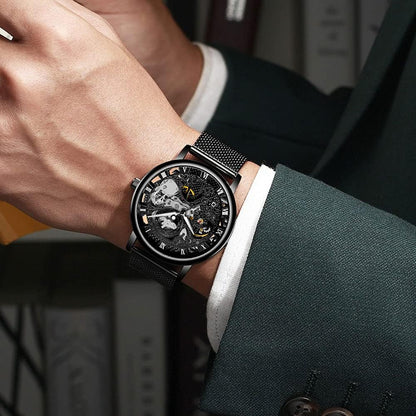 HOTMen's Skeleton Mechanical Roman Numeral Mesh Strap Watch, Hand Winding Mechanical Mesh Luminous Waterproof Watch for Men