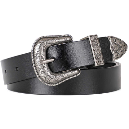 HOTJASGOOD Women Leather Belts Ladies Vintage Western Design Black Waist Belt for Pants Jeans Dresses
