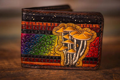 HOTMoonlit Mountains, Retro Patchwork, Azurescen, Mushrooms, Phsychedelic, Molecule, Psilocyb, Men's 3D Genuine Leather Wallet, Handmade wallet, Carved wallet, Airbrush Art, Bifold wallet, Custom wallet